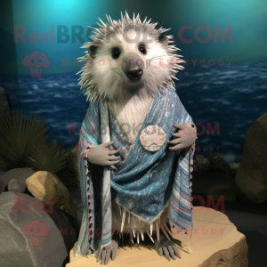 Silver Porcupine mascot costume character dressed with a Swimwear and Shawls