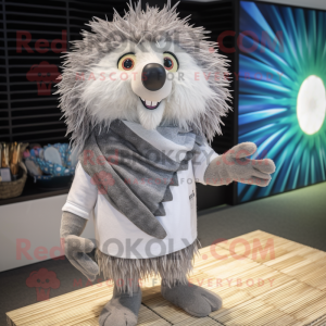 Silver Porcupine mascot costume character dressed with a Swimwear and Shawls