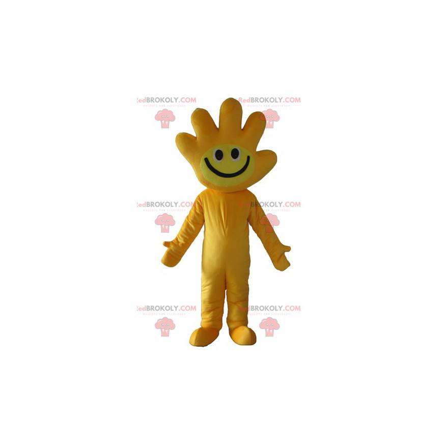 Gelbes Maskottchen mit dem Kopf in Form einer Hand -