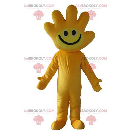 Geel mascotte met het hoofd in de vorm van een hand -