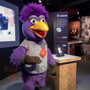 Purple Rooster mascot costume character dressed with a Turtleneck and Necklaces