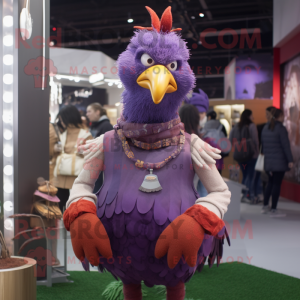 Purple Rooster mascot costume character dressed with a Turtleneck and Necklaces