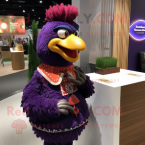 Purple Rooster mascot costume character dressed with a Turtleneck and Necklaces