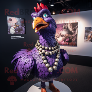 Purple Rooster mascot costume character dressed with a Turtleneck and Necklaces