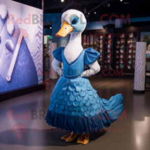 Blue Swan mascot costume character dressed with a Wrap Dress and Suspenders