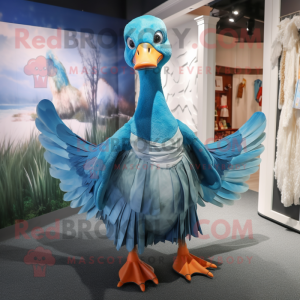 Blue Swan mascot costume character dressed with a Wrap Dress and Suspenders