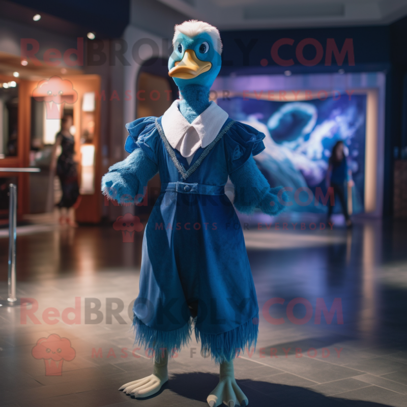 Blue Swan mascot costume character dressed with a Wrap Dress and Suspenders Blue Swan mascot costume character dressed with a Wrap Dress and Suspenders