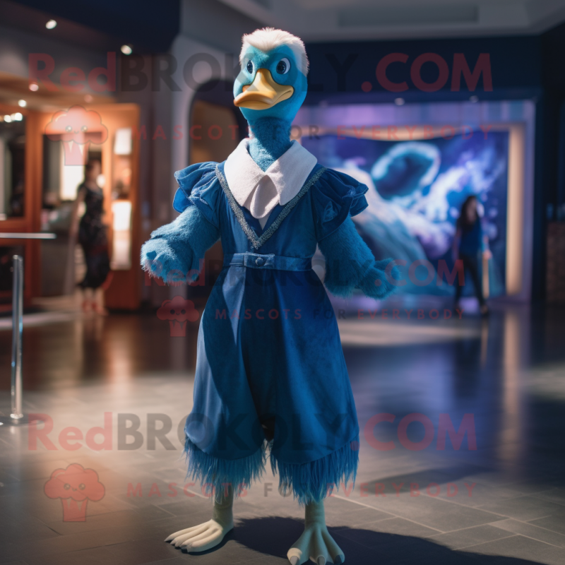 Blue Swan mascot costume character dressed with a Wrap Dress and Suspenders