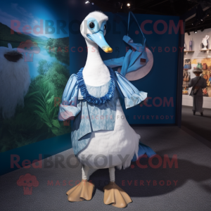 Blue Swan mascot costume character dressed with a Wrap Dress and Suspenders