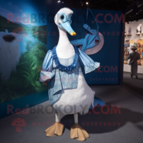 Blue Swan mascot costume character dressed with a Wrap Dress and Suspenders