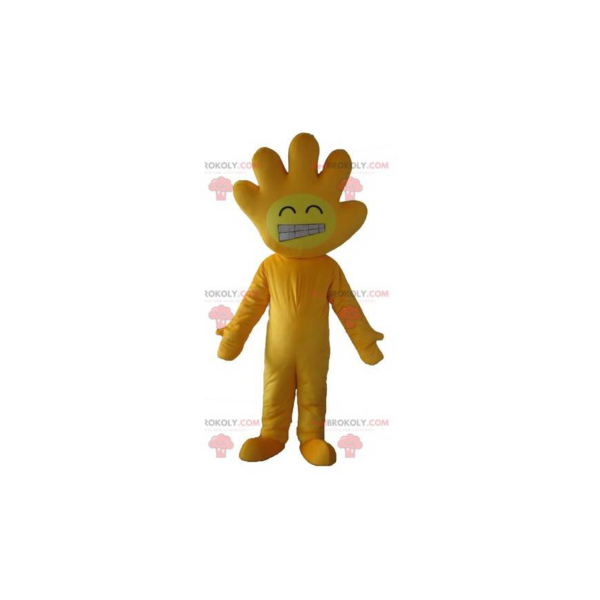 Geel mascotte met het hoofd in de vorm van een hand -