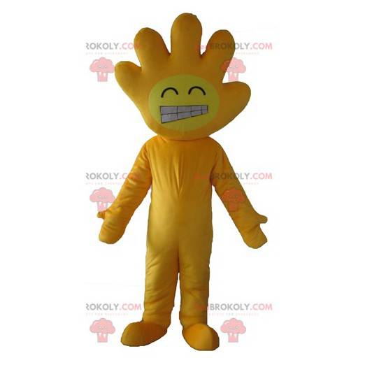 Gelbes Maskottchen mit dem Kopf in Form einer Hand -