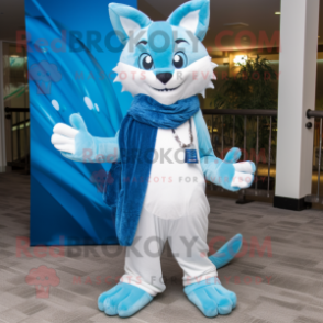 Sky Blue Lynx mascot costume character dressed with a Dress Pants and Scarves