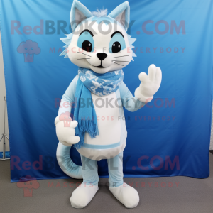 Sky Blue Lynx mascot costume character dressed with a Dress Pants and Scarves