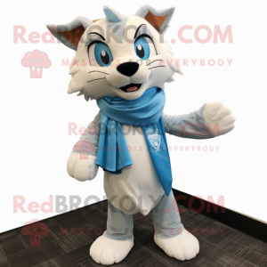 Sky Blue Lynx mascot costume character dressed with a Dress Pants and Scarves
