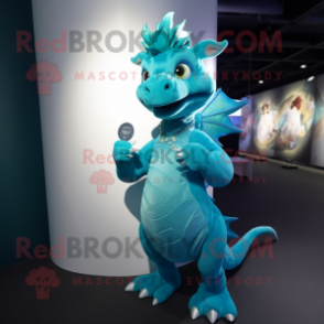 Cyan Dragon mascot costume character dressed with a Maxi Dress and Lapel pins