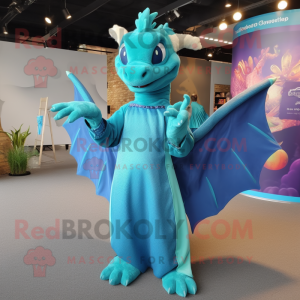 Cyan Dragon mascot costume character dressed with a Maxi Dress and Lapel pins