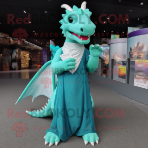 Cyan Dragon mascot costume character dressed with a Maxi Dress and Lapel pins