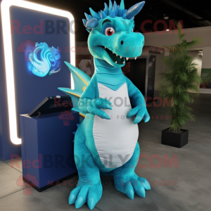 Cyan Dragon mascot costume character dressed with a Maxi Dress and Lapel pins