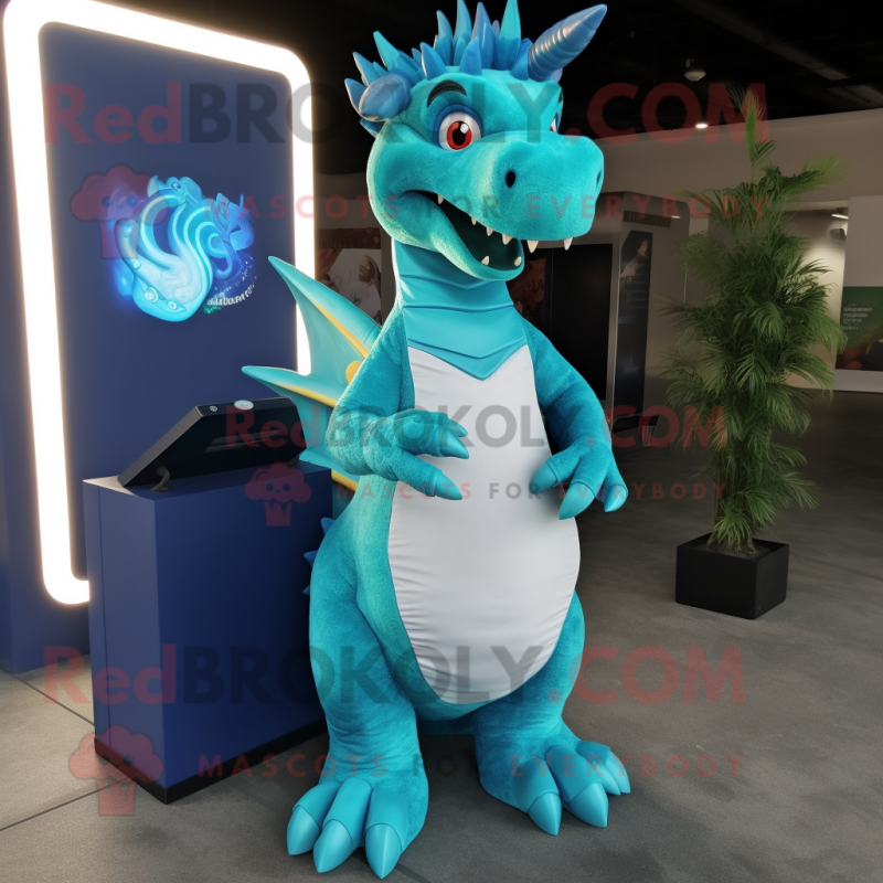 Cyan Dragon mascot costume character dressed with a Maxi Dress and Lapel pins Cyan Dragon mascot costume character dressed with a Maxi Dress and Lapel pins