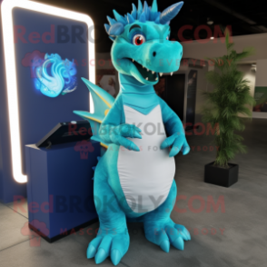 Cyan Dragon mascot costume character dressed with a Maxi Dress and Lapel pins