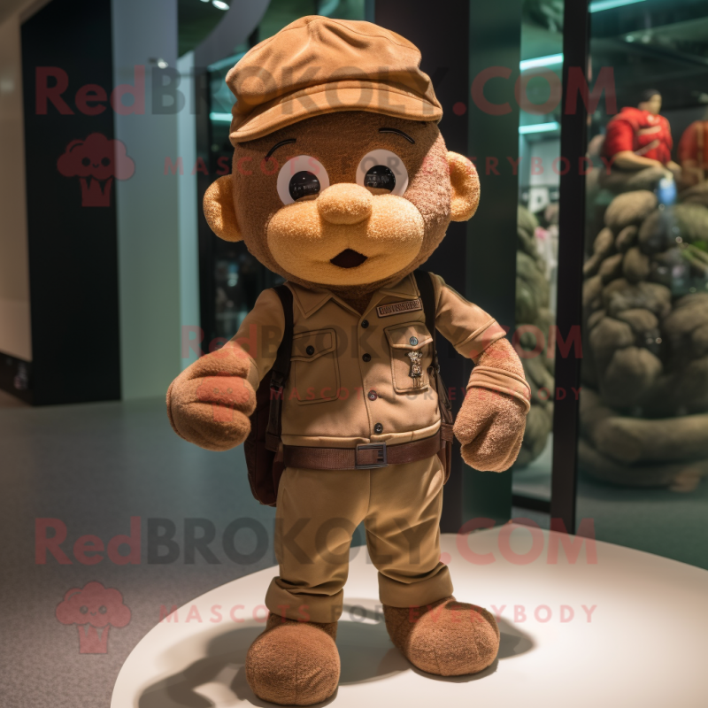 Brown Bracelet mascot costume character dressed with a Cargo Shorts and Berets Brown Bracelet mascot costume character dressed with a Cargo Shorts and Berets