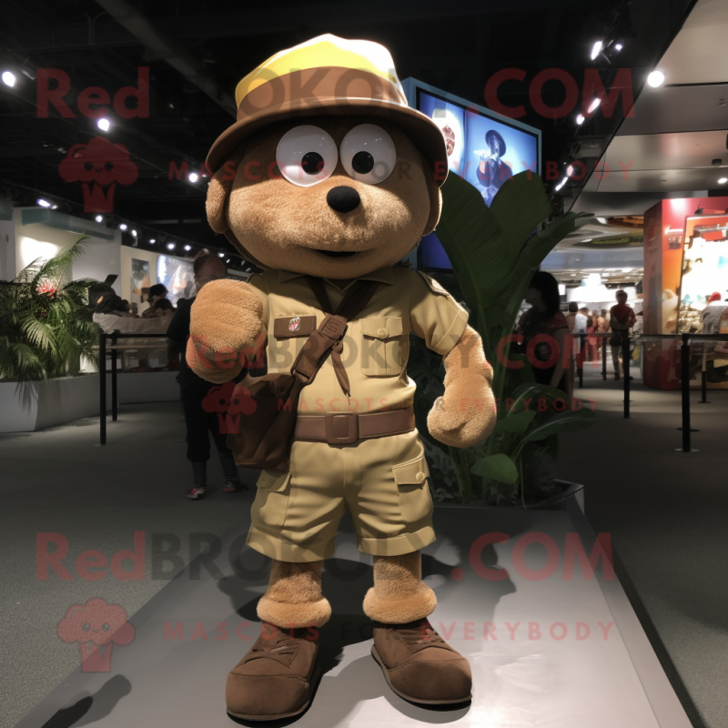 Brown Bracelet mascot costume character dressed with a Cargo Shorts and Berets Brown Bracelet mascot costume character dressed with a Cargo Shorts and Berets
