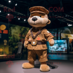 Brown Bracelet mascot costume character dressed with a Cargo Shorts and Berets