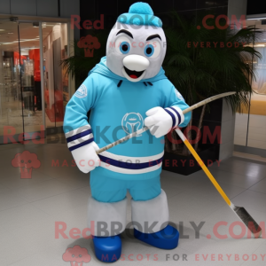 Maskotfigur af en cyan...