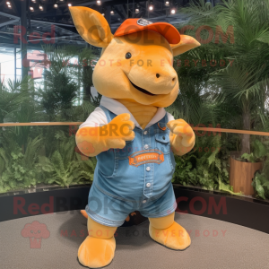 Orange Rhinoceros mascot costume character dressed with a Denim Shorts and Berets