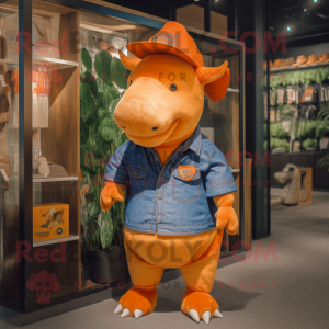 Orange Rhinoceros mascot costume character dressed with a Denim Shorts and Berets