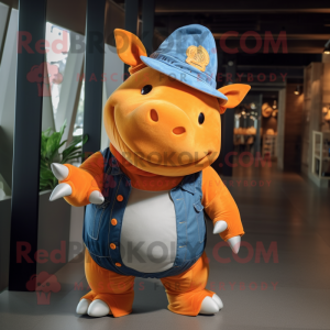 Orange Rhinoceros mascot costume character dressed with a Denim Shorts and Berets