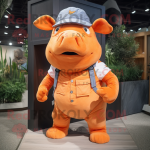 Orange Rhinoceros mascot costume character dressed with a Denim Shorts and Berets