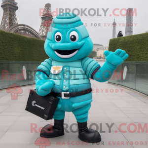 Maskotkarakter af en cyan...
