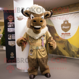 Beige Bison mascot costume character dressed with a Playsuit and Shawl pins