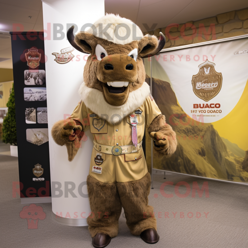 Beige Bison mascot costume character dressed with a Playsuit and Shawl pins Beige Bison mascot costume character dressed with a Playsuit and Shawl pins