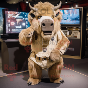 Beige Bison mascot costume character dressed with a Playsuit and Shawl pins