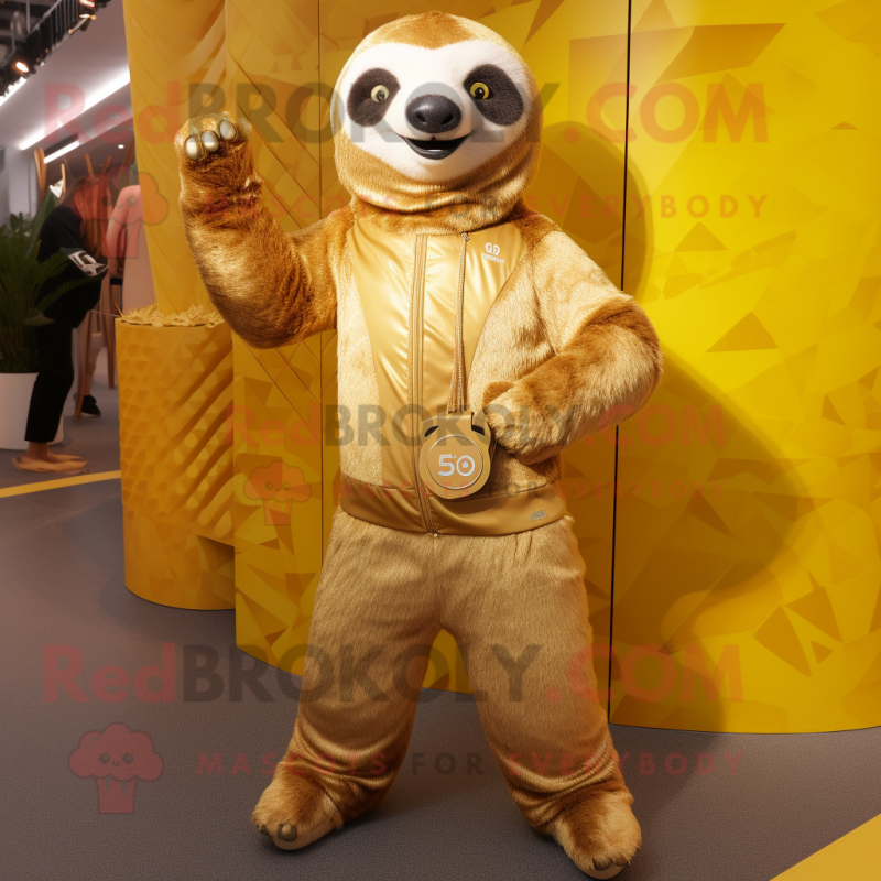 Gold Sloth mascot costume character dressed with a Yoga Pants and Clutch bags Gold Sloth mascot costume character dressed with a Yoga Pants and Clutch bags