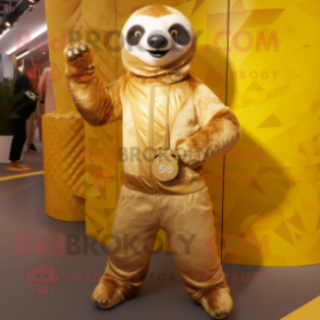 Gold Sloth mascot costume character dressed with a Yoga Pants and Clutch bags