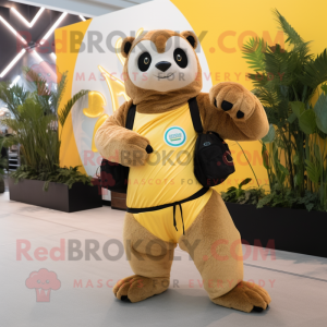 Gold Sloth mascot costume character dressed with a Yoga Pants and Clutch bags