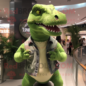 Lime Green T Rex mascot costume character dressed with a Tank Top and Cummerbunds