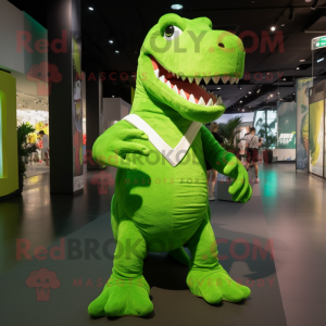 Lime Green T Rex mascot costume character dressed with a Tank Top and Cummerbunds