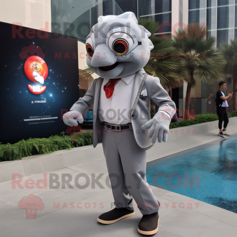 Gray Goldfish mascot costume character dressed with a Blazer and Smartwatches Gray Goldfish mascot costume character dressed with a Blazer and Smartwatches