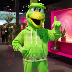 Lime Green Flamingo mascot costume character dressed with a Sweatshirt and Belts