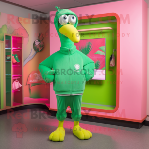 Lime Green Flamingo mascot costume character dressed with a Sweatshirt and Belts