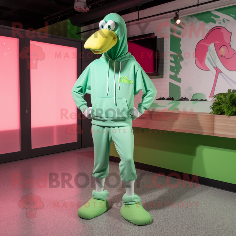 Lime Green Flamingo mascot costume character dressed with a Sweatshirt and Belts