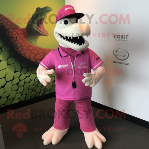 Pink Crocodile mascot costume character dressed with a Polo Tee and Necklaces