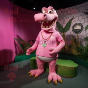 Pink Crocodile mascot costume character dressed with a Polo Tee and Necklaces