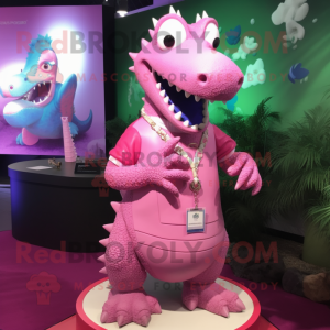 Pink Crocodile mascot costume character dressed with a Polo Tee and Necklaces