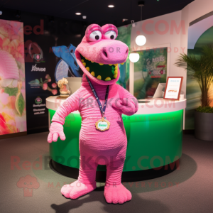 Pink Crocodile mascot costume character dressed with a Polo Tee and Necklaces